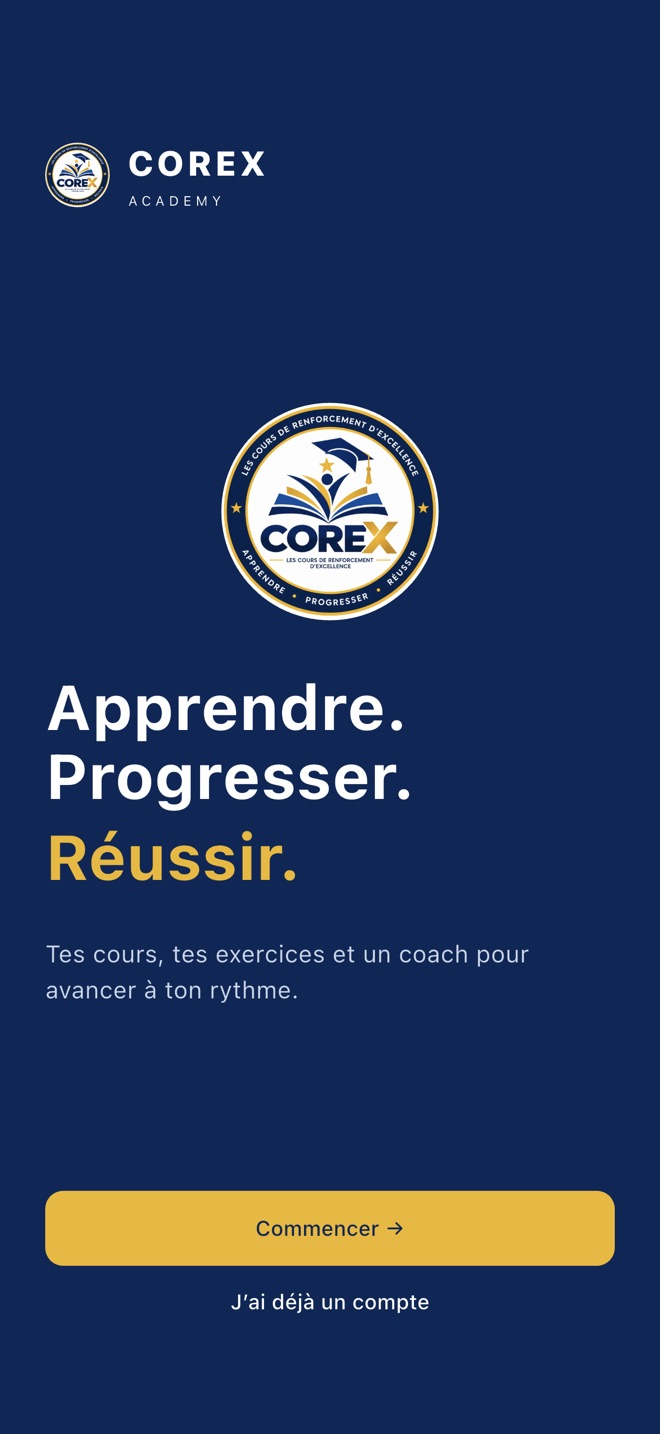 Écran d’accueil de COREX Academy : Apprendre. Progresser. Réussir.